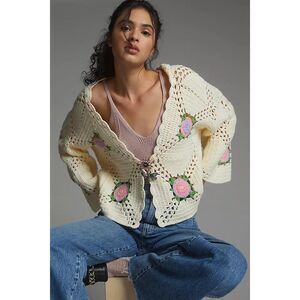 Maeve Cream Crochet Cardigan with Pink Rose Appliqués